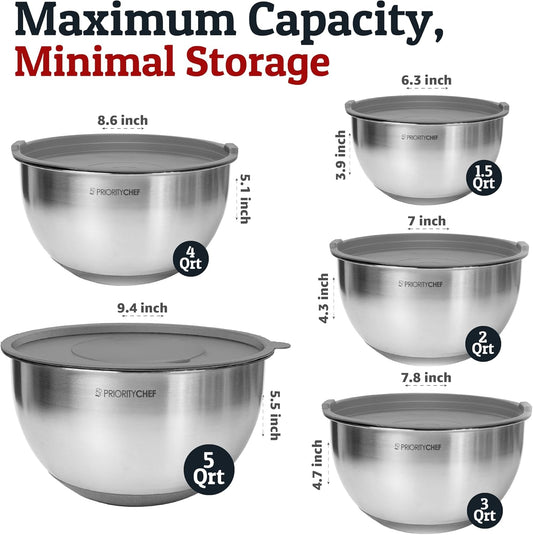 Priority Chef Stainless Steel Mixing Bowls with Lids Set, 3 Grater Attachments, Airtight Lids, Non-Slip Silicone Base Mixing Bowl Set, Large Prep Metal Mixing Bowls for Kitchen, Grey