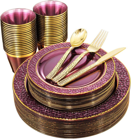 Nervure 150PCS Clear Purple Plastic Plates - Gold Party Plate - Purple and Gold Plate Include: 50 Plates, 25Cups, 25Forks, 25Knives, 25Spoons for Wedding & Party