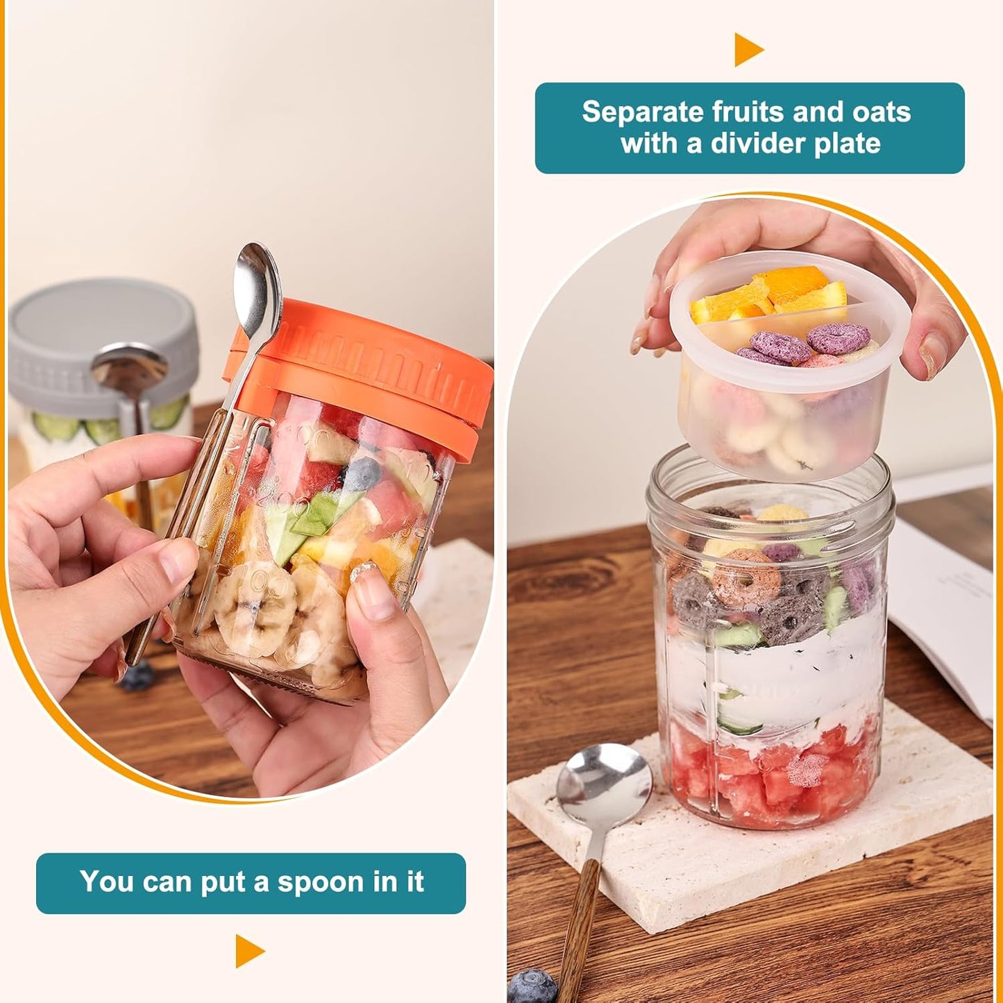 Liuruiyu 6 Pack 16 oz Overnight Oats Containers with Lids and Spoons, Wide Mouth Mason Jars with Removable Separate Compartments, Airtight and Leak-Proof Glass Jars for Chia Pudding, Yogurt, Parfait