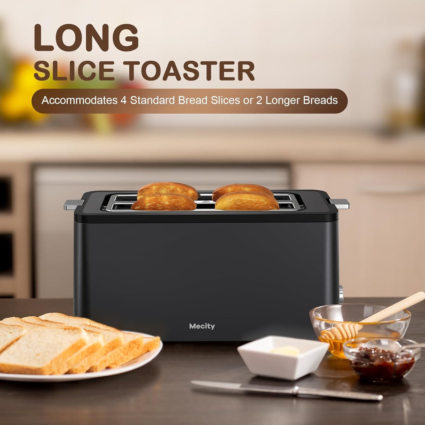 Mecity 4 Slice Toaster, Long Slot Toaster with Timer, Bagel, Defrost, Reheat, Cancel Functions, Warming Rack, Removable Tray, 6 Browning Settings, Extra Wide Slots, Stainless Steel, 1300W