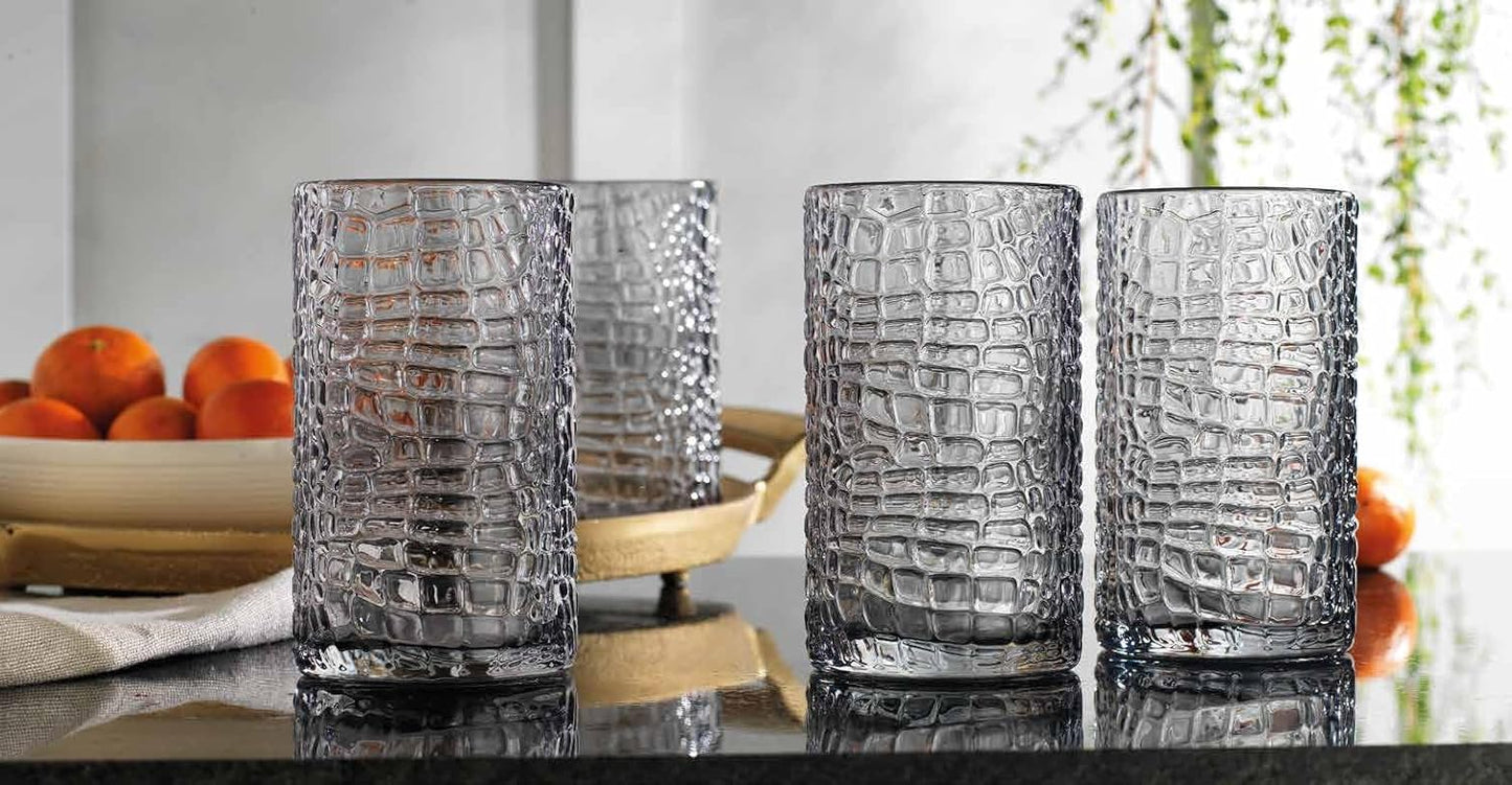 Glaver's Highball Glasses Set of 4 Smoke Drinking Glasses, 15 Ounce Crackle Textured Newly Designed Patent Glassware Heavy Bar Home Party Decor Black Kitchen Glasses, Water Juice Cocktails