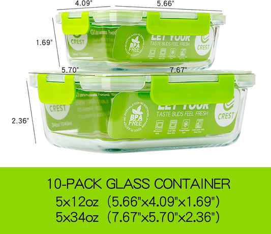 UMEIED 10 Pack Glass Food Storage Containers with Lids Leakproof, Airtight Glass Meal Prep Containers For Lunch, On The Go, Leftover, Dishwasher Safe