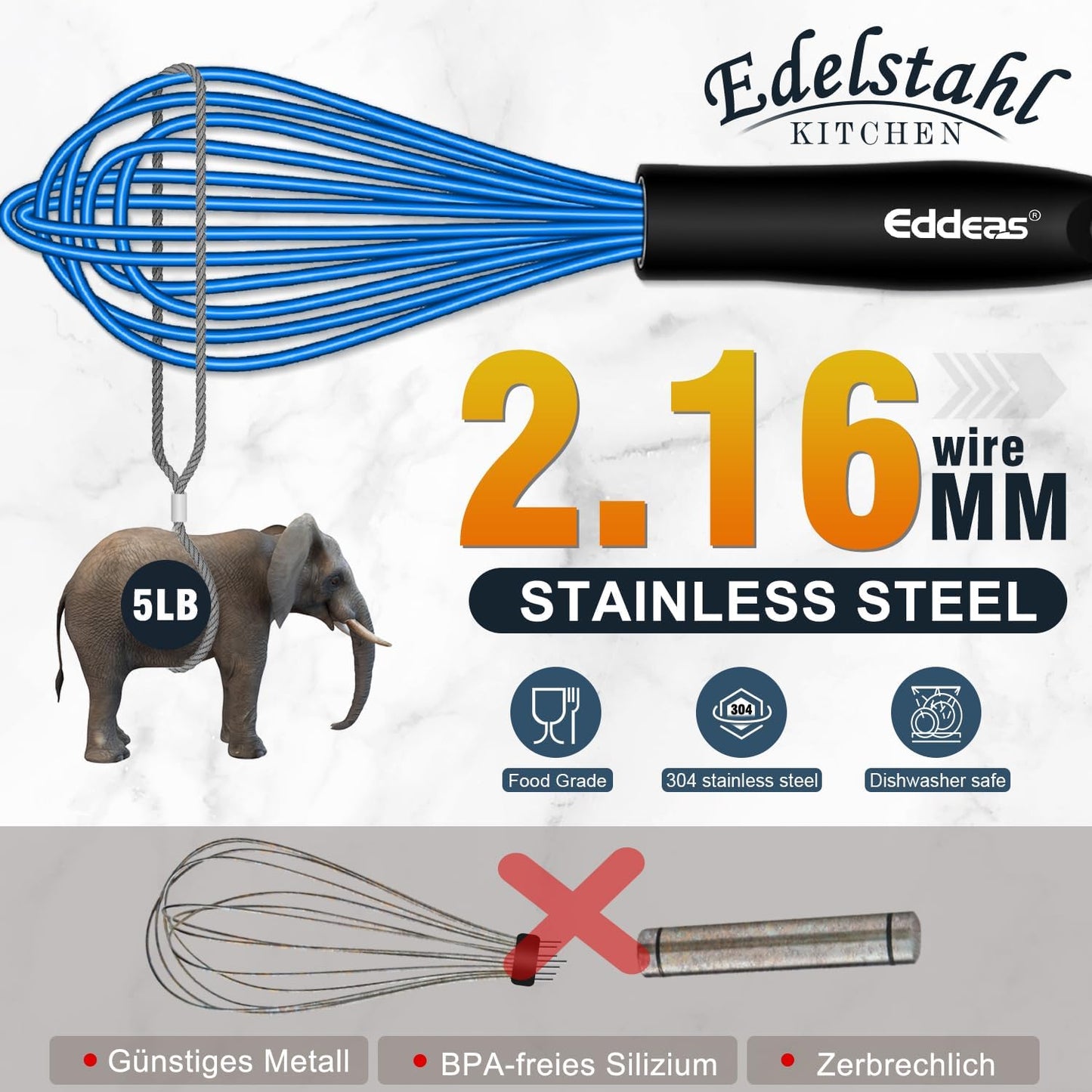 Silicone Whisk, Non Scratch Whisk for Cooking, 5+7+9+11in Balloon Whisks, Suitable for Mixing, Blending. 11in Flat Whisks great for Ceramic Coated pans and Wider shallower pots. (Blue)