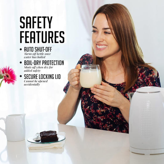 OVENTE Electric Kettle, 1.7L Double Wall Stainless Steel Insulated Water Boiler & Heater for Coffee or Tea, 1100W Fast Boiling with Auto Shut-Off, Boil-Dry Protection & Secure Locking Lid, White KD64W