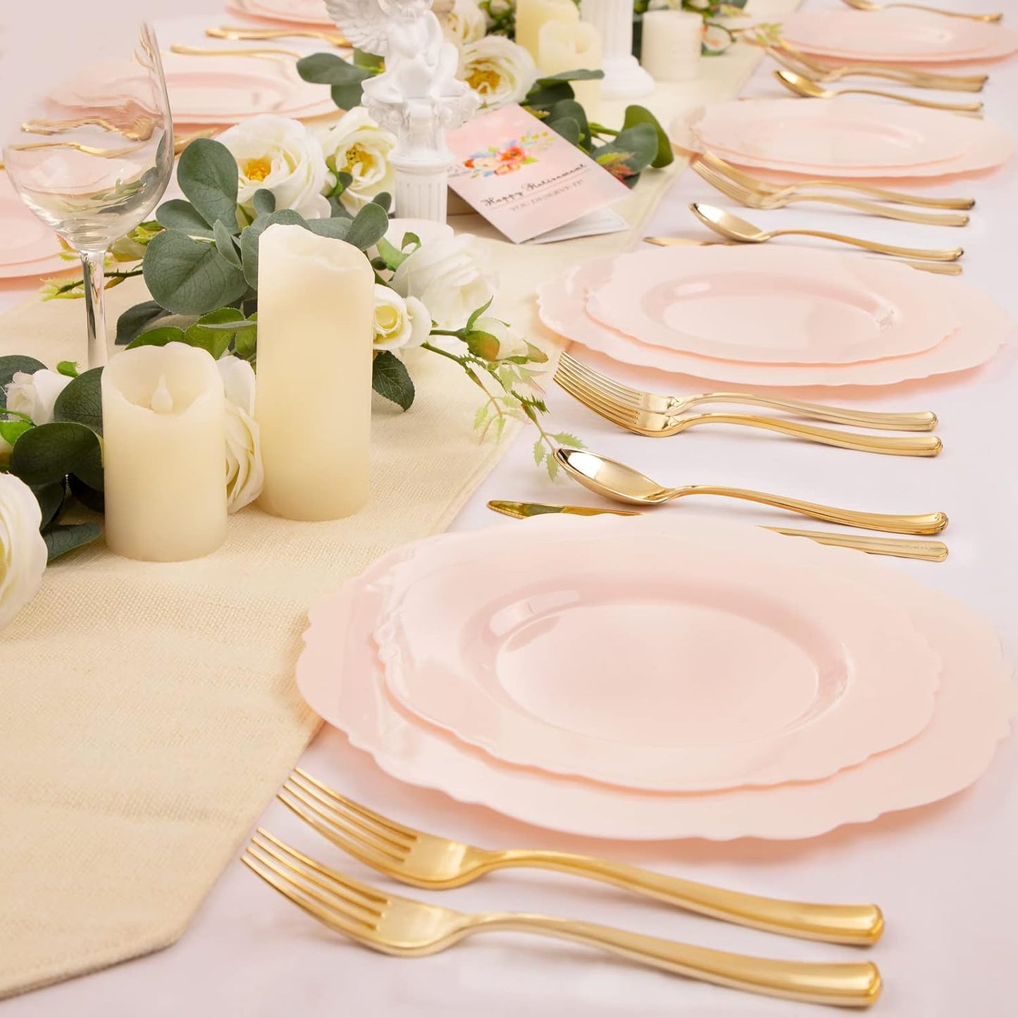 WDF 60pcs Pink Plastic Plates - Baroque Pink Disposable Plates Including 30 Dinner Plates 10.25inch, 30 Dessert Plates 7.5inch for Upscale Wedding &Parties