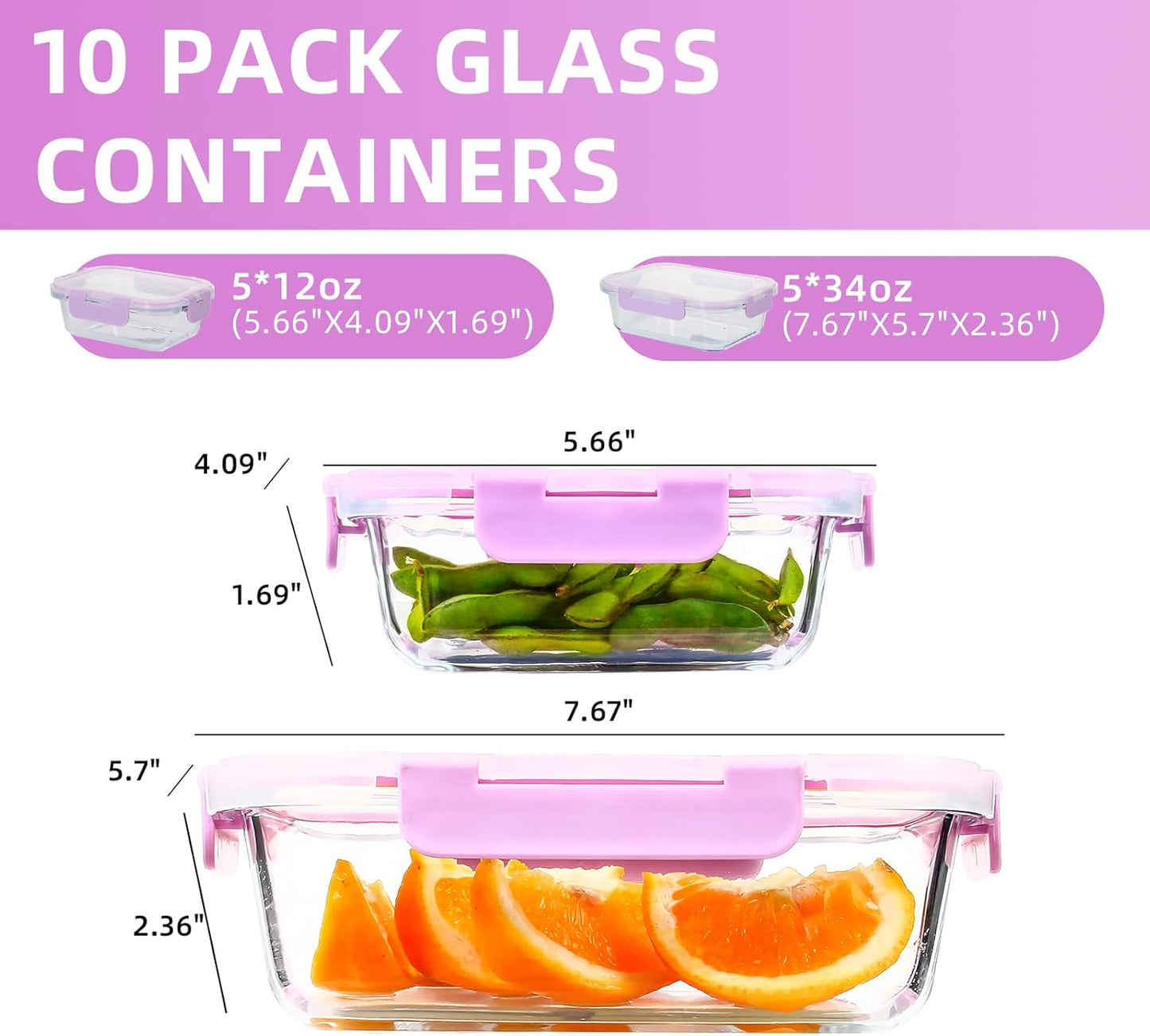 UMEIED 10 Pack Glass Food Storage Containers with Lids, Leakproof Airtight Glass Meal Prep Containers For Lunch, On The Go, Leftover, Dishwasher Safe