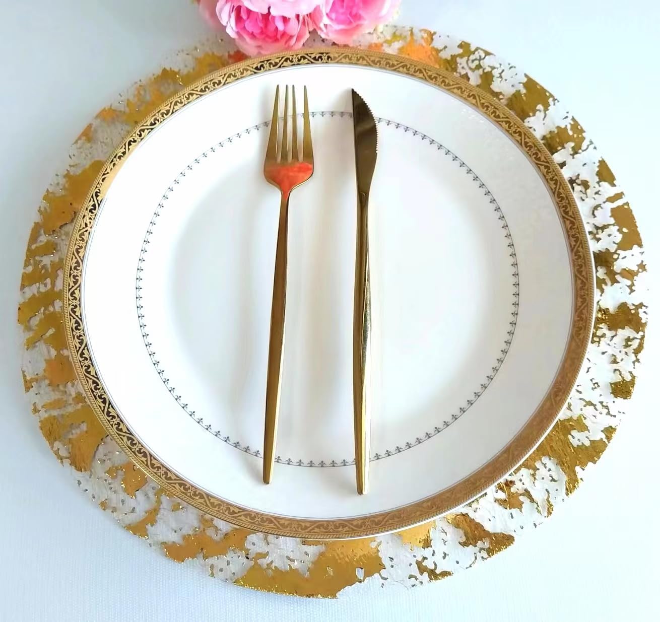 Disposable Gold Placemats Set of 50 Metallic Thin Round 13 Inch Gold Doilies Mesh Pressed Fall Table Mates 50 Pack Gold Charger Plates for Wedding, Birthday Party