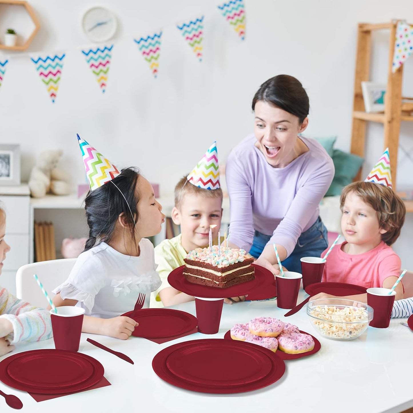 TWOWYHI 228PCS Burgundy Party Supplies Set Include Paper Plates Cups Paper Napkins Plastic Spoons Forks Knives for 30 Guests Disposable Party Dinnerware for Birthday Wedding Family Picnic