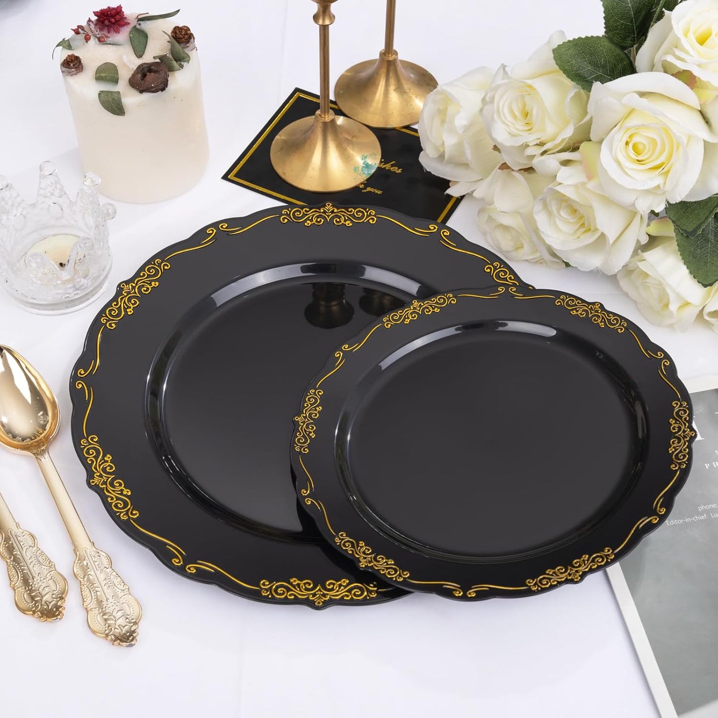 DaYammi 150Pcs Black Gold Plastic Plates & Plastic Silverware, Halloween Black Disposable Plates for Party Include 30 Dinner Plate, 30 Dessert Plate, 30 Knives, 30 Forks, 30 Spoons for Wedding