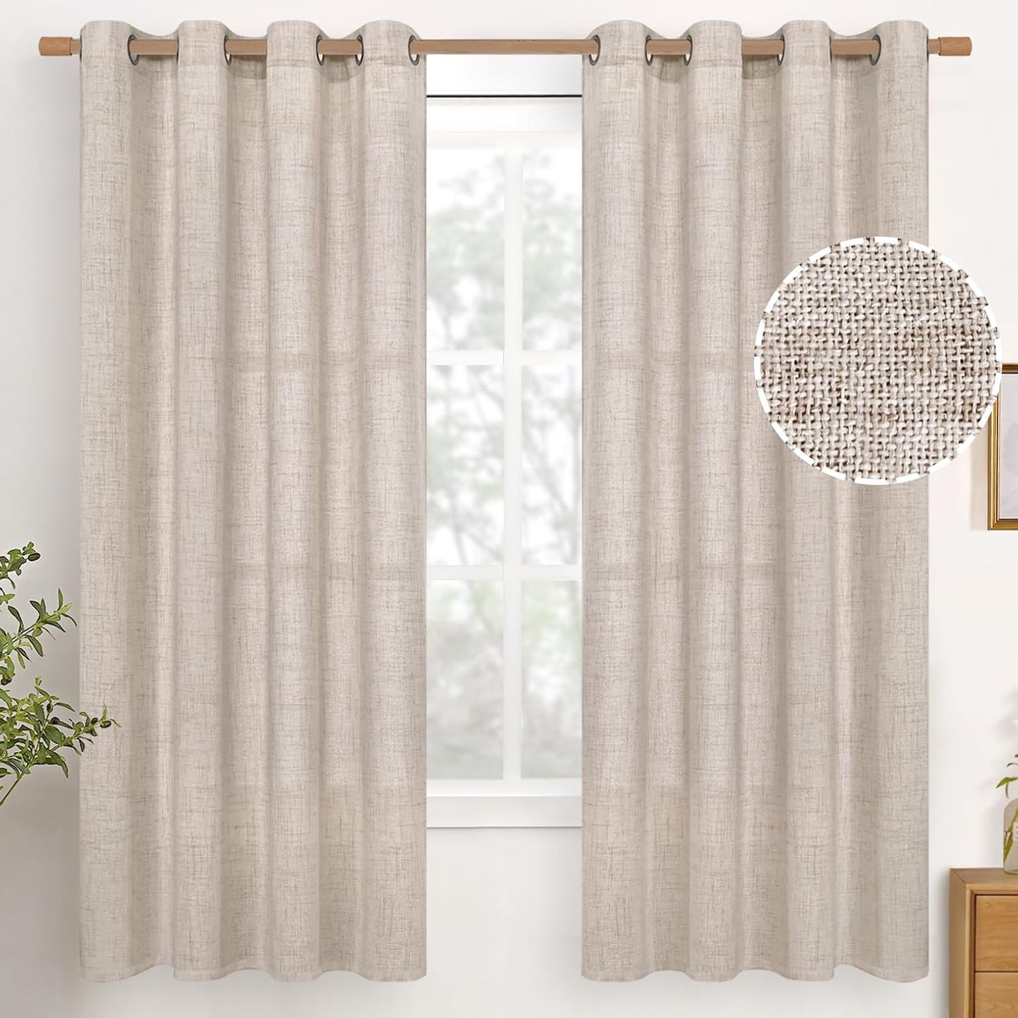 YoungsTex 68 Inch Length Linen Semi Sheer Curtains 2 Panels for Living Room, Light Filtering Textured Drapes with Bronze Grommet Beige Boho Window Treatments for Bedroom Dining, 52 x 68 Inch