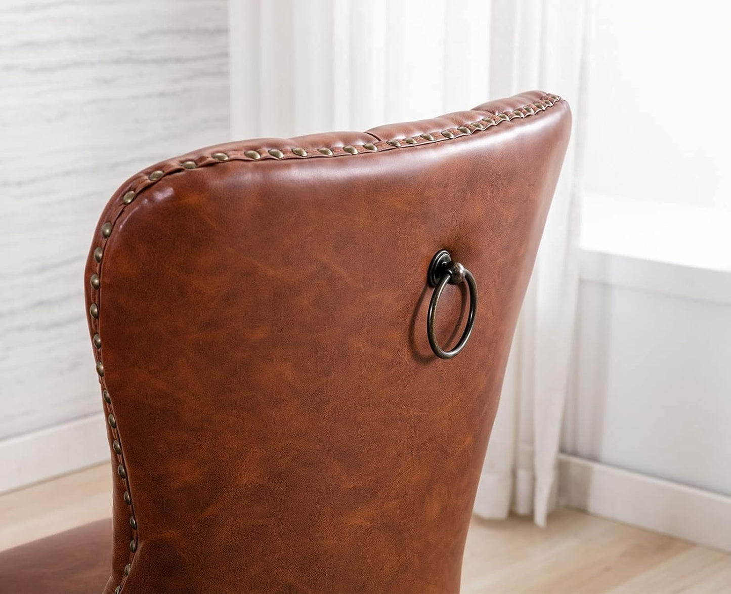 Brown Leather Dining Chairs Set of 4 Mid Century Modern Tufted Chairs Armless Rubber Wood Vintage Furniture Chairs Upholstered Nailhead PU Side Chair with Pull Ring for Kitchen/Cafe Decor