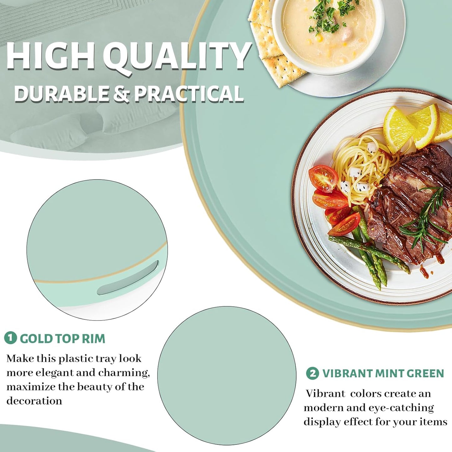 MAONAME Mint Green Decorative Tray for Coffee Table, Modern Round Serving Trays with Handles, 13" Plastic Tea Trays for Ottoman, Bathroom Decor