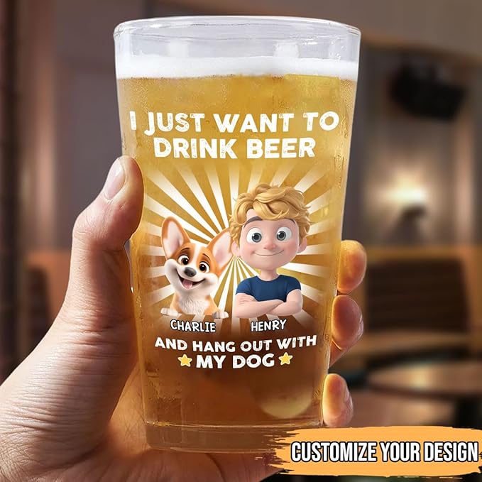 Wrappiness Dog Dad Personalized Beer Glass - I Just Want To Drink Beer and Hang out With My Dog, Cute Cup for Men Pet Lovers, Custom Chibi Art and Breeds, Fathers Day Birthday Gifts for Him
