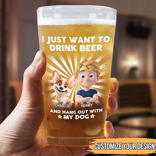 Wrappiness Dog Dad Personalized Beer Glass - I Just Want To Drink Beer and Hang out With My Dog, Cute Cup for Men Pet Lovers, Custom Chibi Art and Breeds, Fathers Day Birthday Gifts for Him