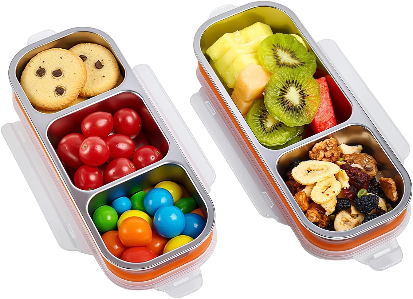Stainless Steel Snack Box Container - 2 Pack Bento Box for Kids & Adults, 3 Compartment Leak-Proof Snack Containers with Lids (Orange)