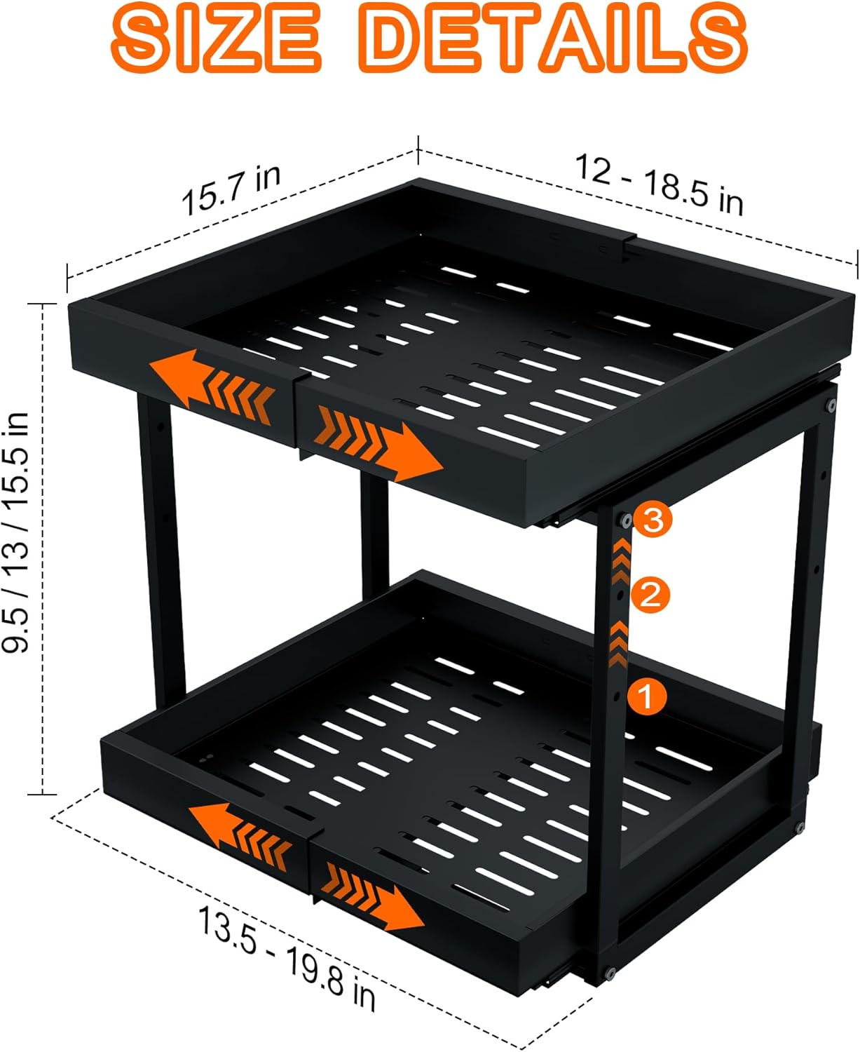 Golener Pull Out Cabinet Organizer - 2 Tiers Expandable Pull-Out Drawers for Kitchen Cabinets, 2 Slide Metal Home Storage Organizers, Slide Out Shelves for Base Cabinet Organization in Kitchen, Black