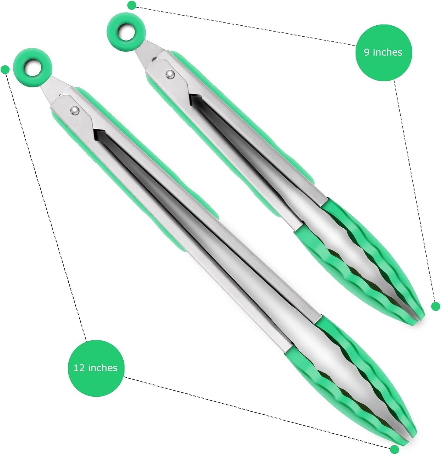 Set of 2 Kitchen Tongs, Premium Stainless Steel Locking 9-Inch & 12-Inch Silicone Grilling Barbeque Cooking Food Tong, Dark Green