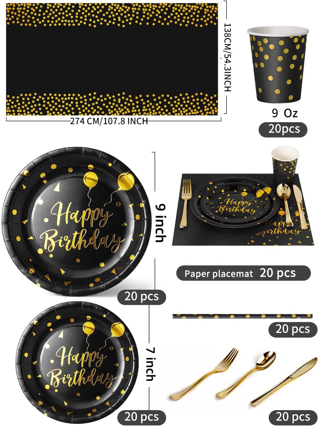 Birthday Party Tableware, 161 Pieces Black Gold Party Supplies, Party Dinnerware Sets Include Paper Plates Napkins Cups Silverware, for Shower Engagement Parties Decoration -20 Serves