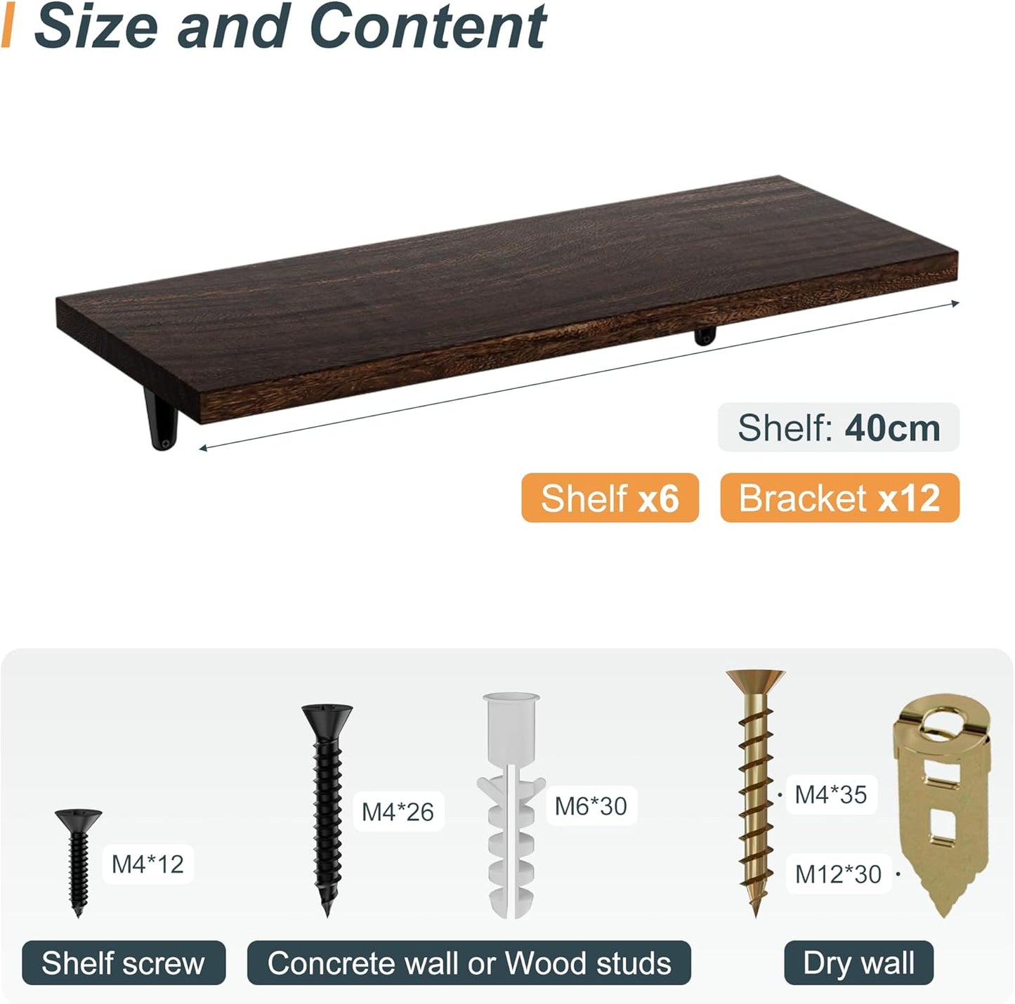 SKYSEN Floating Shelves for Wall Set of 6, 15.7in Wood Wall Shelf for Decor, Bathroom, Bedroom, Storage, Book,Kitchen, Living Room - Dark Brown(fs-40-d)