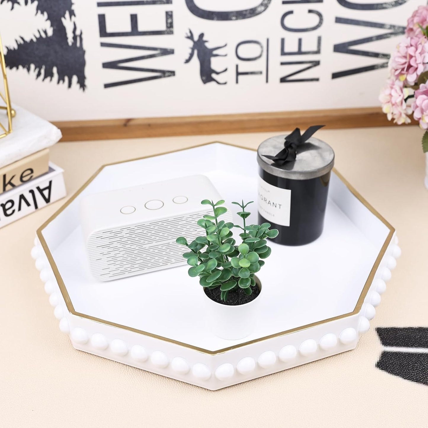 White Serving Tray for Coffee Table, Octagonal Beaded Plastic Decorative Tray for Ottoman, Kitchen Counter, Living Room, Outdoor Lacquer Tray for Entertaining