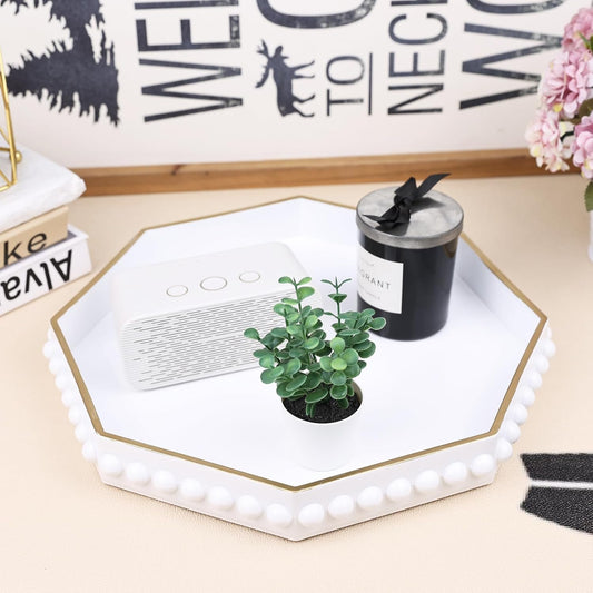 White Serving Tray for Coffee Table, Octagonal Beaded Plastic Decorative Tray for Ottoman, Kitchen Counter, Living Room, Outdoor Lacquer Tray for Entertaining
