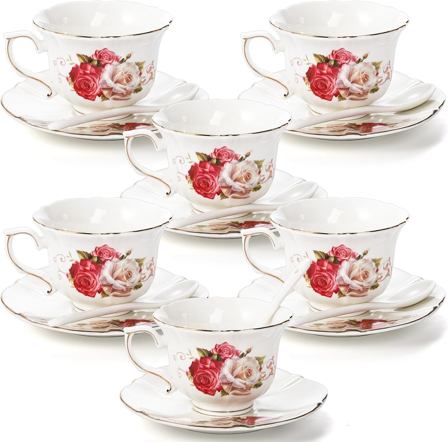 Foraineam Tea Cup and Saucer Set of 6, Porcelain Ivory Rose Tea Cups with Saucers and Spoons, 6 oz Floral Coffee Cup Set with Gold Trim, Latte Cups and Espresso Mug for Tea, Latte and Coffee Drinks