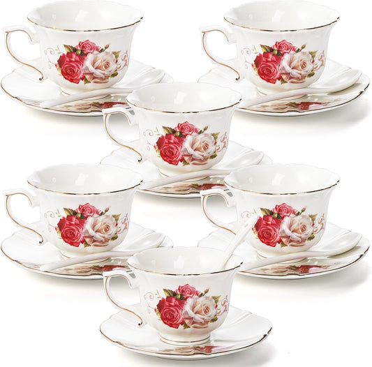Foraineam Tea Cup and Saucer Set of 6, Porcelain Ivory Rose Tea Cups with Saucers and Spoons, 6 oz Floral Coffee Cup Set with Gold Trim, Latte Cups and Espresso Mug for Tea, Latte and Coffee Drinks
