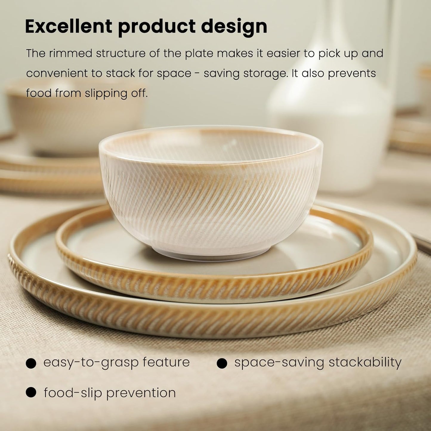 Earthsong Dinnerware Sets for 8, 24-Piece Ceramic Plates and Bowls Set, Dishwasher and Microwave Safe Stoneware Dishes Set, Ribbed, Sculpted Dune