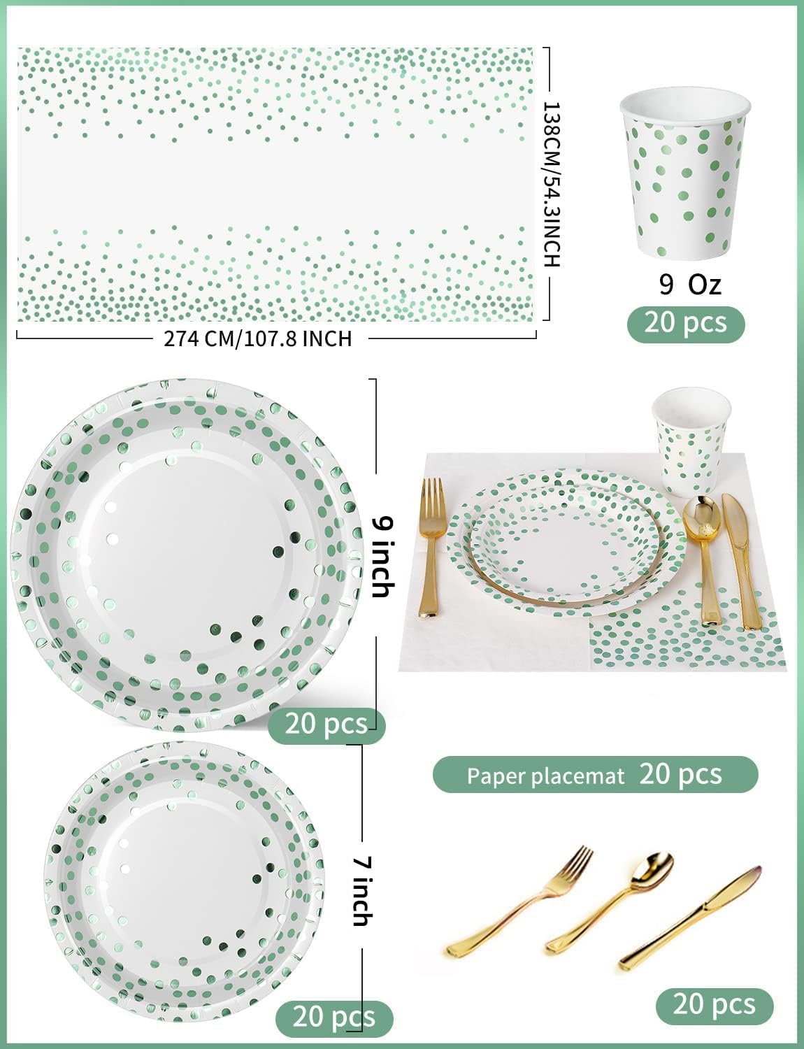 141 Pieces Green Dots Party Supplies, Party Dinnerware Sets Include Paper Plates Napkins Cups Silverware, for Wedding Bridal Shower Engagement Birthday Parties Decoration -20 Serves