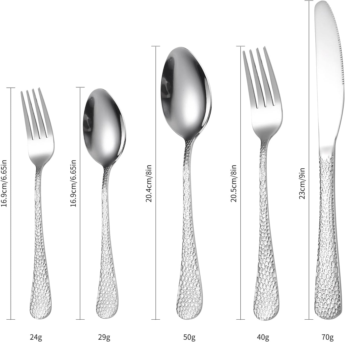 Vintage Silverware Set Hammered Flatware Silver Eating Utensils Stainless Steel Forks Spoons Knives for Restaurant Home Kitchen Parties Durable