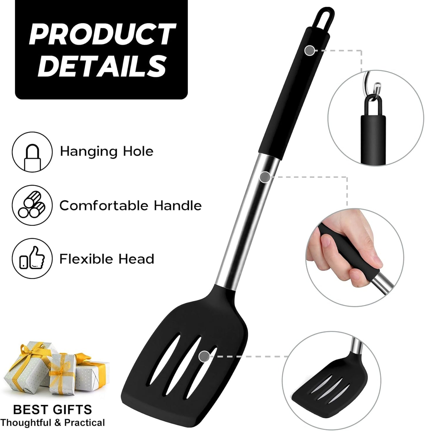 Onader Kitchen Utensils Set, 15 Pcs Silicone Cooking Utensils Set with Holder and Heat Resistant Stainless Steel Handle for Nonstick Cookware - Black