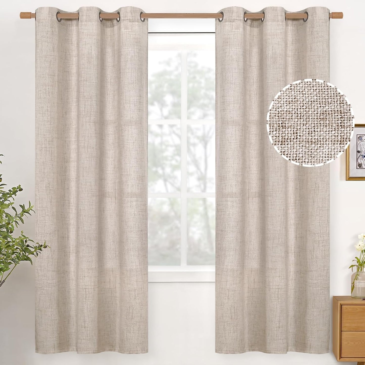 YoungsTex Natural Linen Curtains 72 Inch Long for Living Room, Light Filtering Semi Sheer Drapes with Bronze Grommet Textured Privacy for Bedroom Office Farmhouse, 2 Panels, 42 X 72 Inch