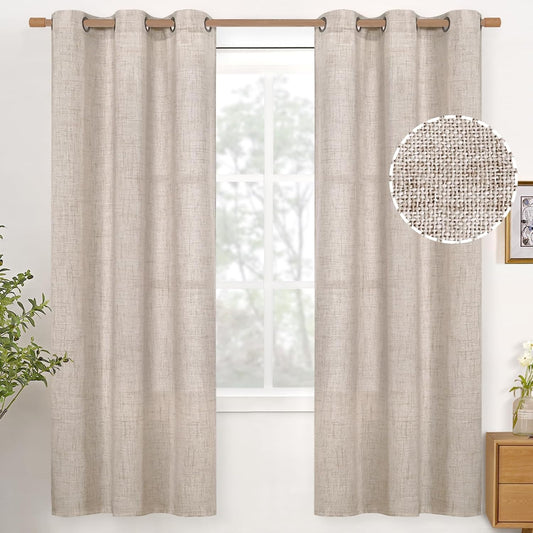 YoungsTex Natural Linen Curtains 72 Inch Long for Living Room, Light Filtering Semi Sheer Drapes with Bronze Grommet Textured Privacy for Bedroom Office Farmhouse, 2 Panels, 42 X 72 Inch