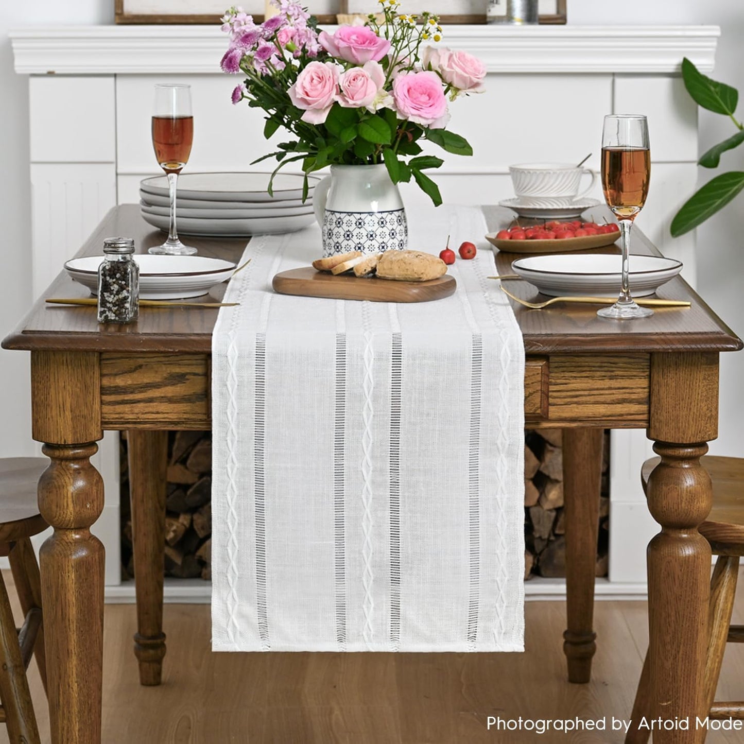 Artoid Mode Rustic Cotton Linen Table Runner, Seasonal Embroidered Hollow Kitchen Dining Table Decoration for Home Party Decor 13x60 Inch