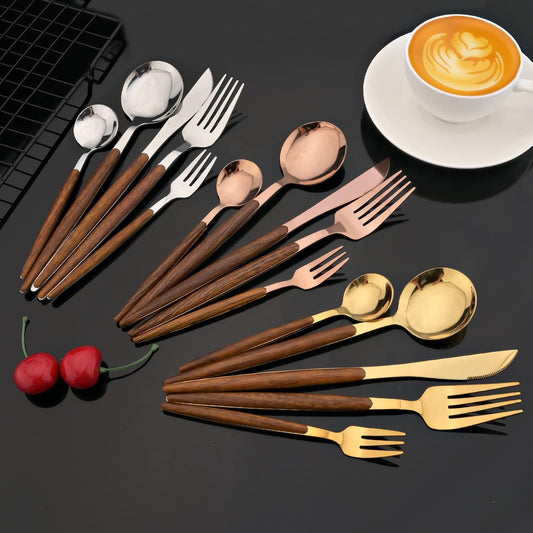 JASHII Wood Handle Flatware Set, 20 Pieces Stainless Steel Silverware Cutlery Set, Mirror Polished, Knife Fork Spoon Set, Dishwasher Safe - Pointed Head Rose Gold