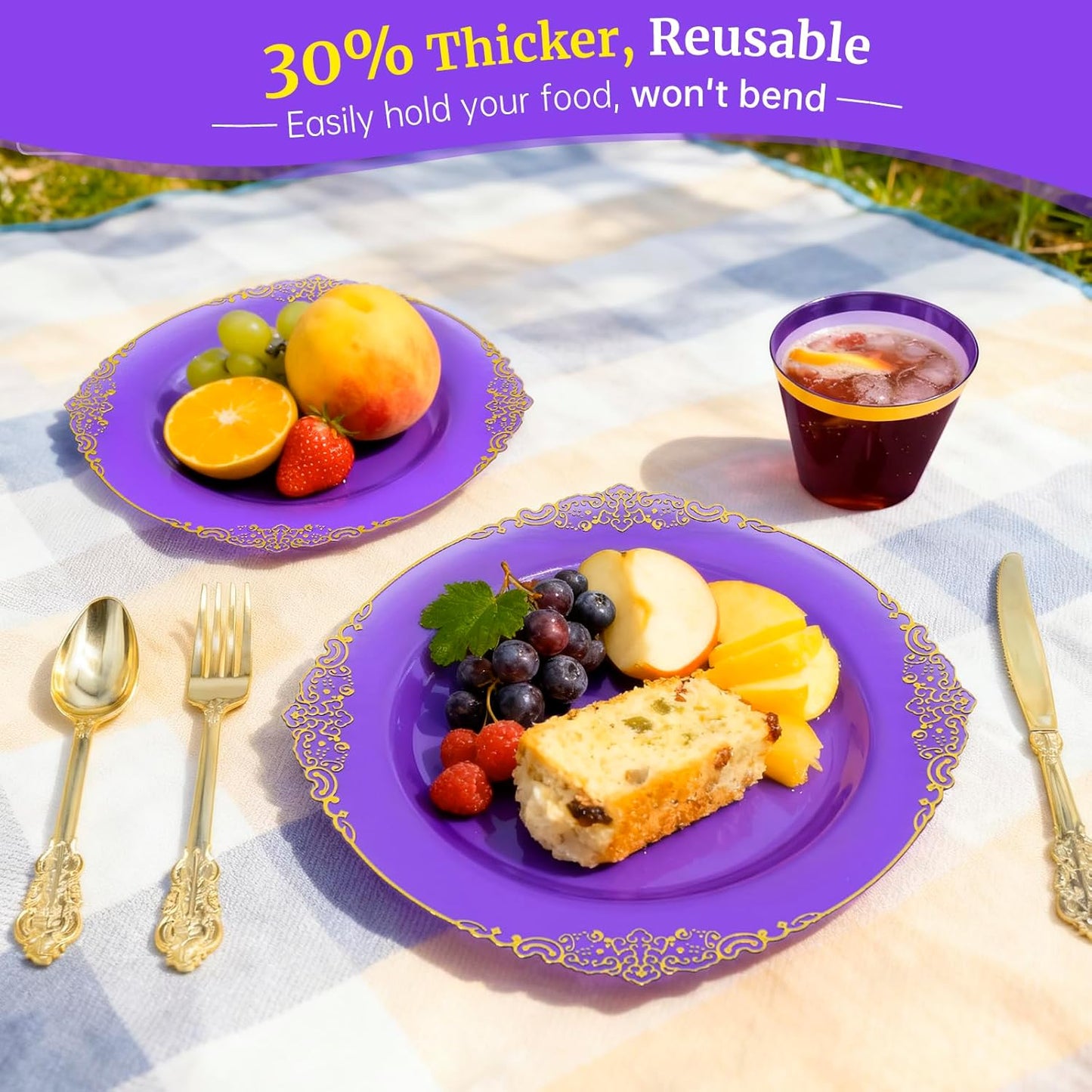 AIRE 175PCS Purple Gold Plastic Plates for Party Dinnerware Sets for 25 Guests, Vintage Disposable Plastic Party Plates Cups Spoons Forks Knives Napkins for Wedding Birthday Christmas BBQ Parties