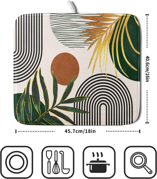 Boho Leaves Dish Drying Mat 16x18 inch Mid Century Absorbent Drainer Rack Mats Fast Dry Bottles Dish Dry Pad Protector Kitchen Accessories