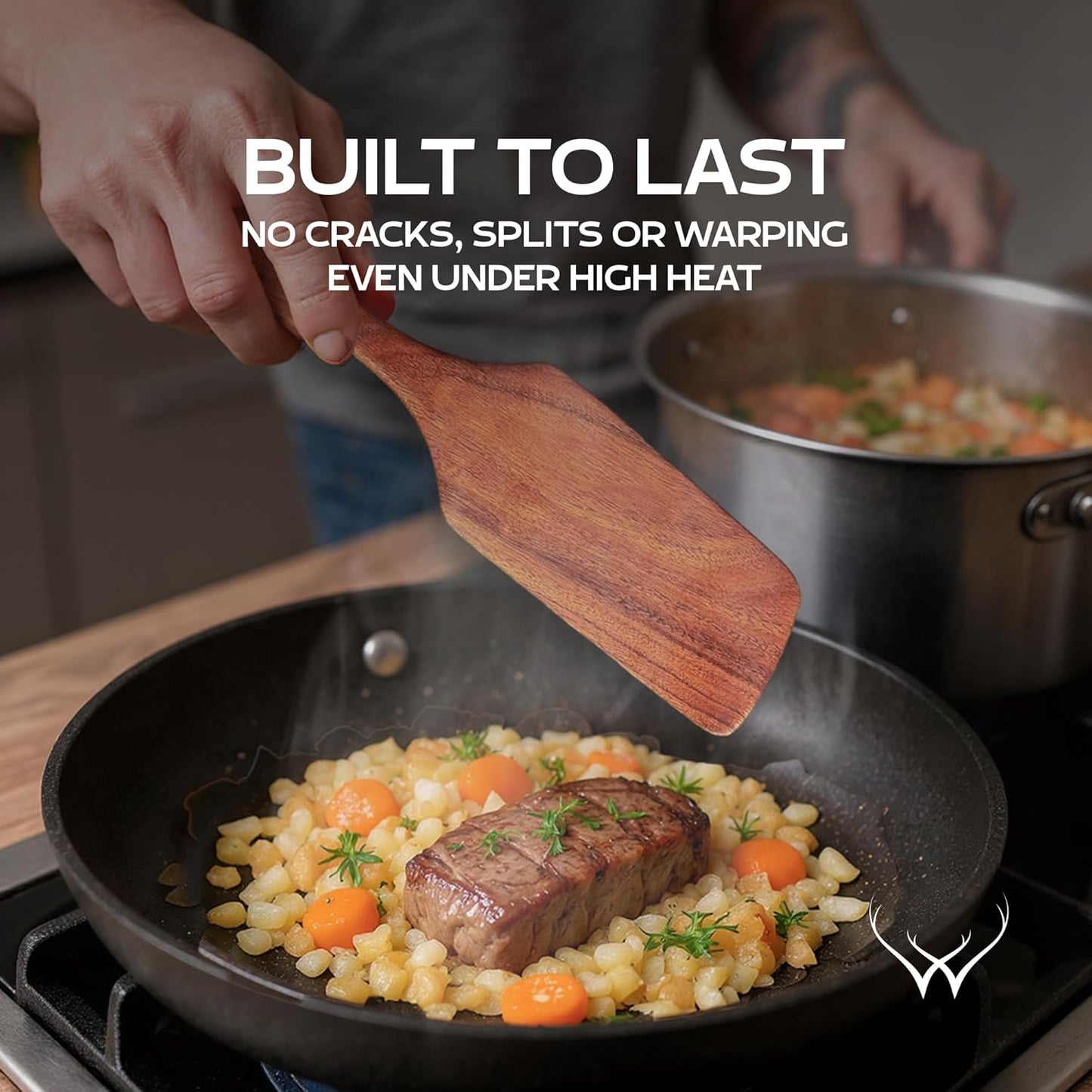 Wooden Spatulas for Cooking - Wooden Kitchen Utensil Set of 4 including Paddle, Slotted Spatula, Frying Spatula, Wood Turner for Nonstick pans - Teak cooking utensils set for Apartment Essentials