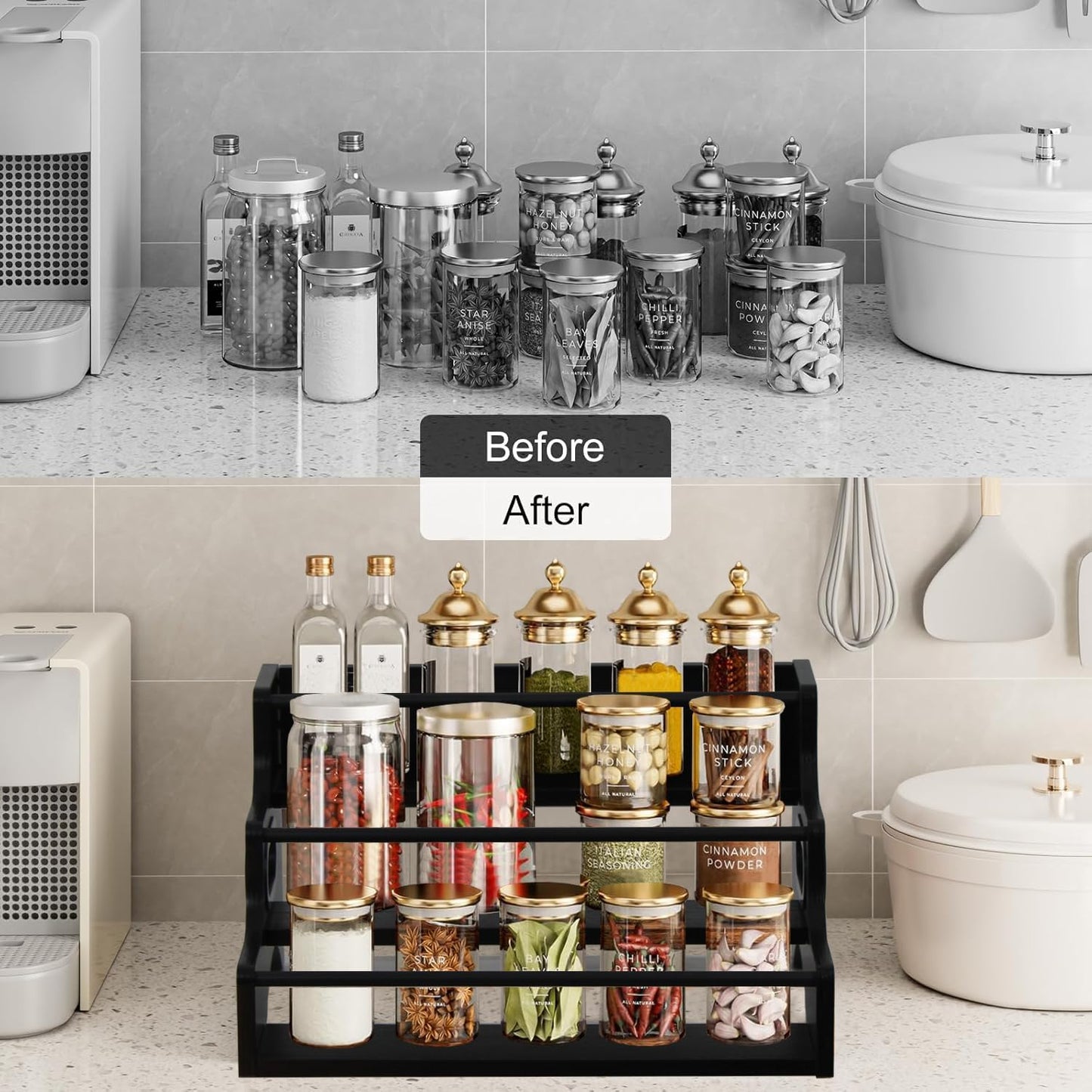 AT-VALY 3-Tier Countertop Wine Rack, Iron&MDF Kitchen Storage Shelf, Space-Saving Countertop Organizer for Spices, Herbs, Seasonings, Sturdy Stylish Condiment Holder(Black Grain)