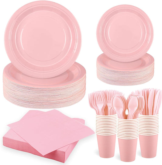 durony 350 Pieces Pink Paper Dinnerware Set 7 Inch 9 Inch Disposable Dinner Plates Sever 50 Guests Paper Cup Cutlery Napkins Solid Color Party Supplies for Birthday Wedding Party Family Picnic