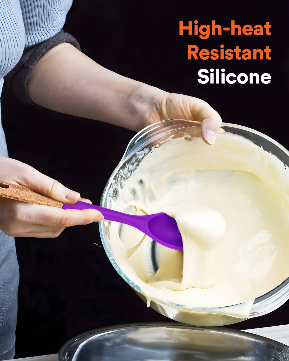 Large Silicone Cooking Spoons, Nonstick Solid Wooden Handle Spoon, Heat Resistan Silicone Kitchen Spoons for Cooking, Serving, Basting, Mixing, 13.2inch (BERRY)