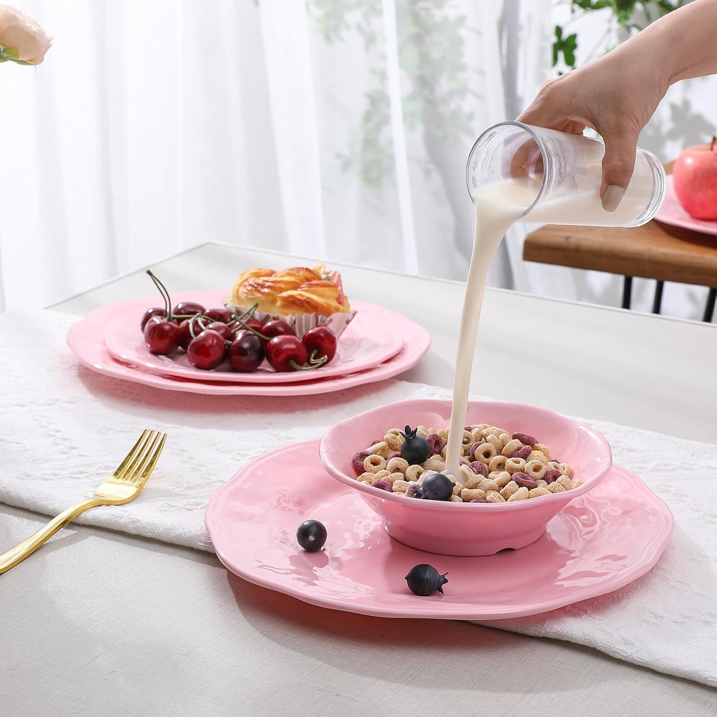 18 Piece Pink Dinnerware Set, Lightweight Kitchen Dining Plates and Bowls Set, Durable Melamine Dishes, Set of 6, Unbreakable RV Camping Dishes, Dishwasher Safe