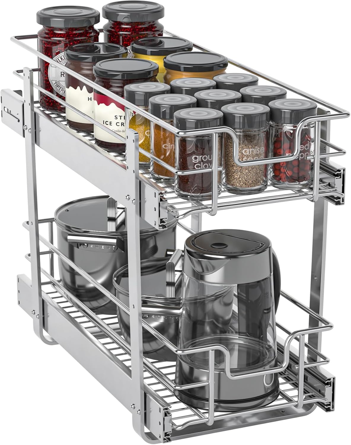 ZOINLIY Pull Out Cabinet Organizer, Versatile Slide Out Kitchen Organizers and Storage,Heavy Duty Drawer Cupboard Storage Basket, Smooth Sliding, Chrome Finish (2-Tiers-9¼''W×22“D)