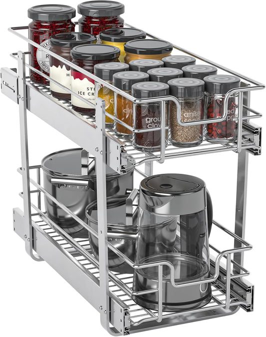 ZOINLIY Pull Out Cabinet Organizer, Versatile Slide Out Kitchen Organizers and Storage,Heavy Duty Drawer Cupboard Storage Basket, Smooth Sliding, Chrome Finish (2-Tiers-9¼''W×22“D)