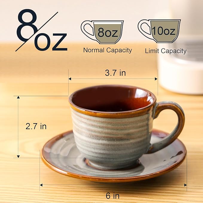 Hasense Ceramic Tea Cups and Saucers, 8oz Cappuccino Cups Set of 4, Espresso Coffee Mugs for Home and Office, Perfect for Coffee, Cappuccino, Latte, Americano, Milk and Tea - Grey Brown