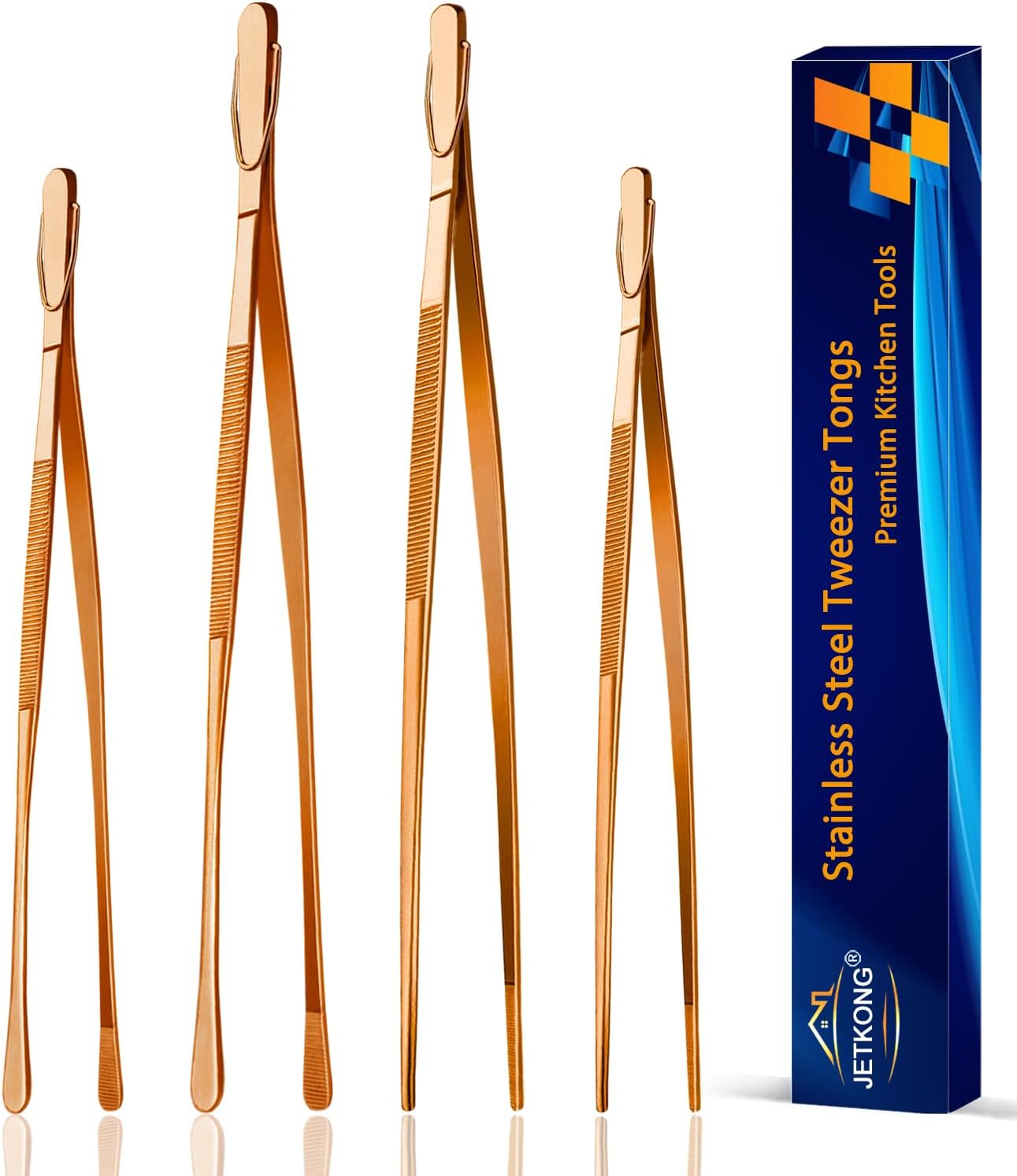 JETKONG 4 Pcs Kitchen Tweezers, 12'' and 10'' Stainless Steel Cooking Tweezers Set, High-Precision Tweezers Tongs for Cooking, Repairing, Seafood and BBQ (Rose Gold)
