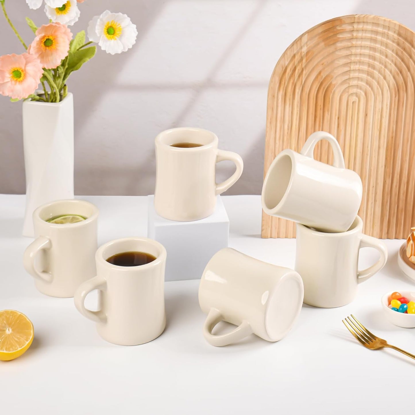 11oz Ceramic Coffee Mug set Stoneware Coffee Cups Set for Restaurant, Diner, Farmhouse, Coffee Shop, Home set of 6 (Cream)