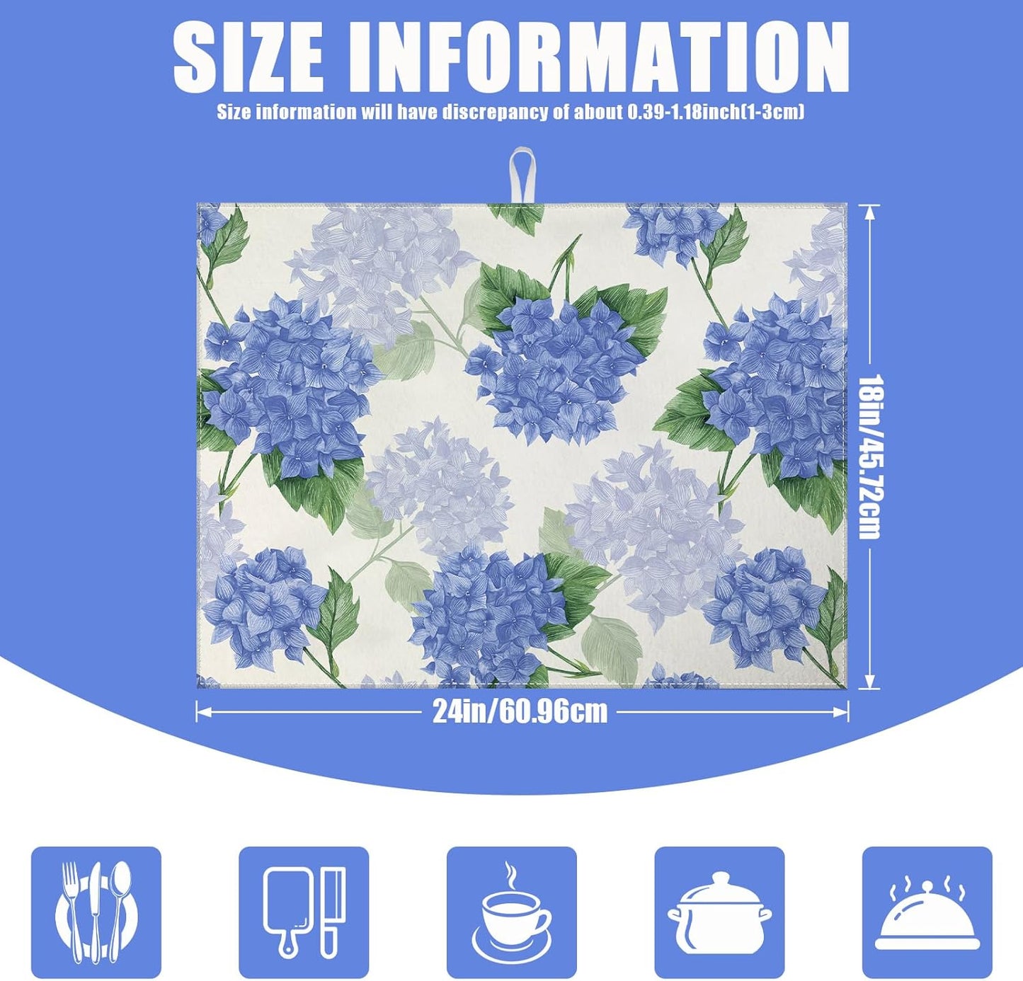 Blue Hydrangea Dish Drying Mat for Kitchen Counter Spring Floral Drying Pad Absorbent Reversible Dish Drainer Rack Mats Draining Pad 18"x24"Inch