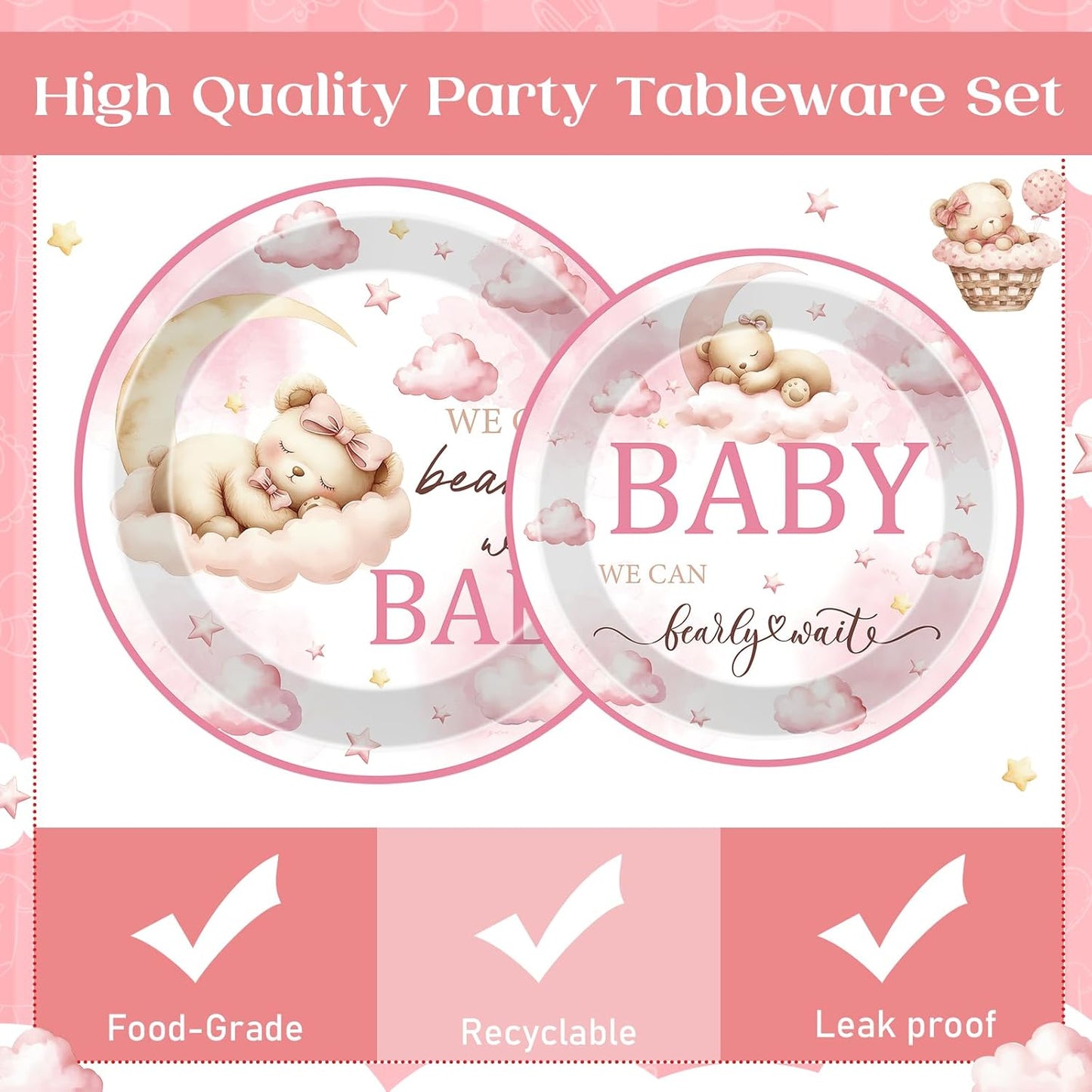 Bear Disposable Party Plates - 96 Pcs Pink We Can Bearly Wait Baby Shower Decorations for Girls Cute Gender Reveal Napkins Forks Tableware Set Supplies Shortcake Dinnerware Serves 24 Guests