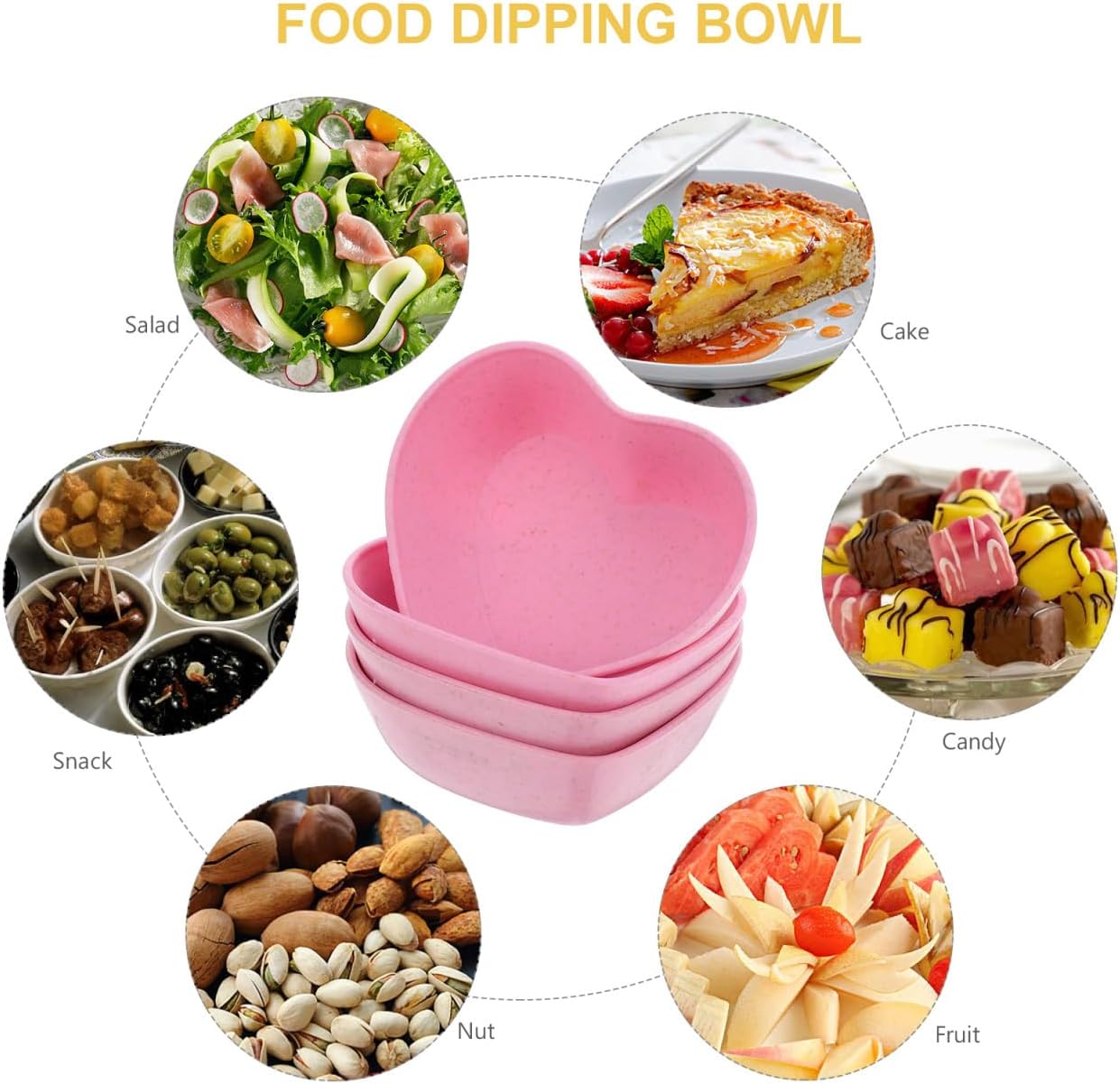 Wakauto 4Pcs Pink Heart Shape Small Sauce Dishes Wheat Straw Side Dish Bowls for Condiments Mini Seasoning Dishes Soy Dipping Sauce Appetizer Plates for Sushi Jam 3.11X2.55 Inch